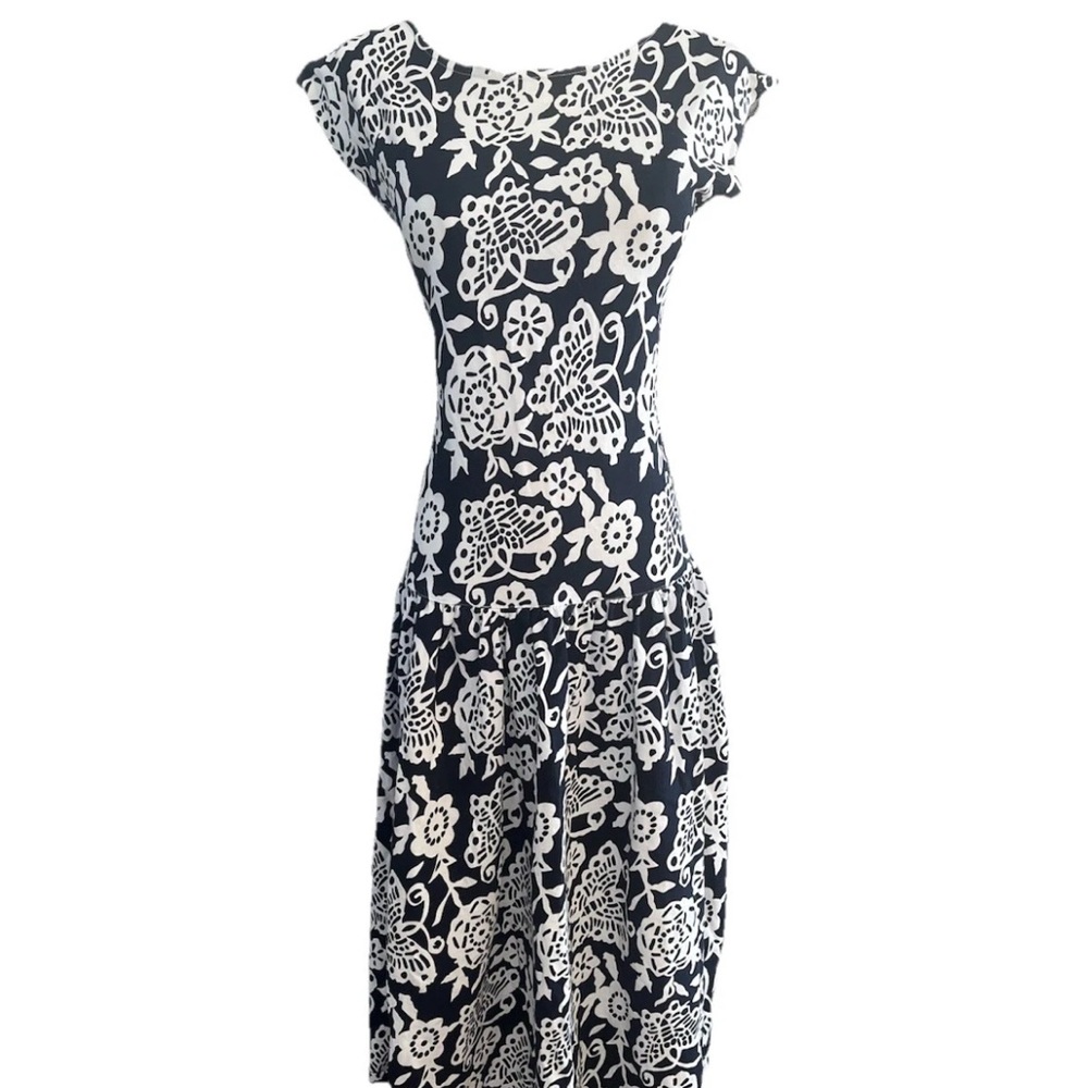 VTG‎ Adrienne Vittadini Navy White Floral Midi Dress Boho Cottagecore Medium